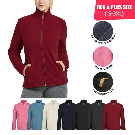 Women’s Polar Fleece Jacket with Pockets Full Zip Up S-3XL Regular & Plus Long Sleeve Lightweight Warm Coat Spring Fall Winter Activewear Womenswear