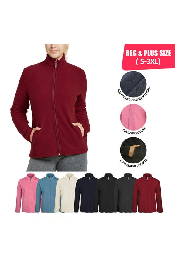 Women’s Polar Fleece Jacket with Pockets Full Zip Up S-3XL Regular & Plus Long Sleeve Lightweight Warm Coat Spring Fall Winter Activewear Womenswear