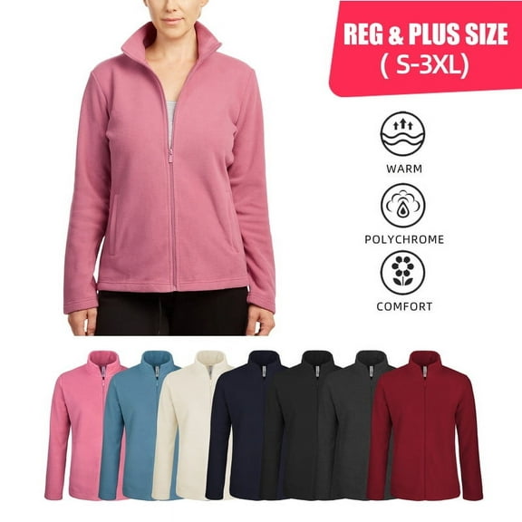 Women’s Polar Fleece Jacket with Pockets Full Zip Up S-3XL Regular & Plus Long Sleeve Lightweight Warm Coat Spring Fall Winter Activewear Womenswear