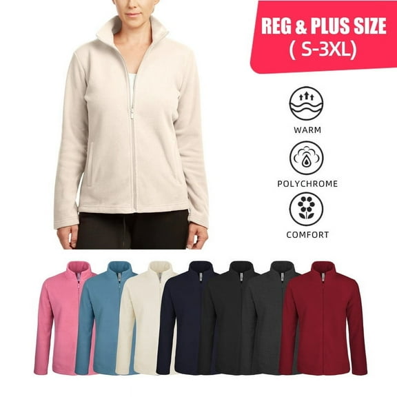 Women’s Polar Fleece Jacket with Pockets Full Zip Up S-3XL Regular & Plus Long Sleeve Lightweight Warm Coat Spring Fall Winter Activewear Womenswear