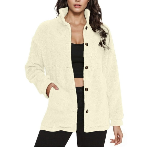 Women's Polar Fleece Jackets Stand Collar Long Sleeve Button Solid Color Fuzzy Coat Casual Loose Outwear with Pockets (S, Beige)