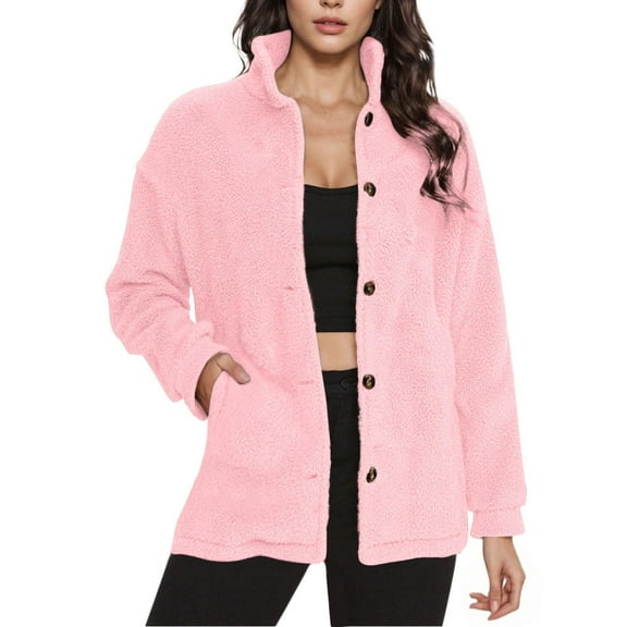 Women's Polar Fleece Jackets Stand Collar Long Sleeve Button Solid Color Fuzzy Coat Casual Loose Outwear with Pockets (XL, Pink)