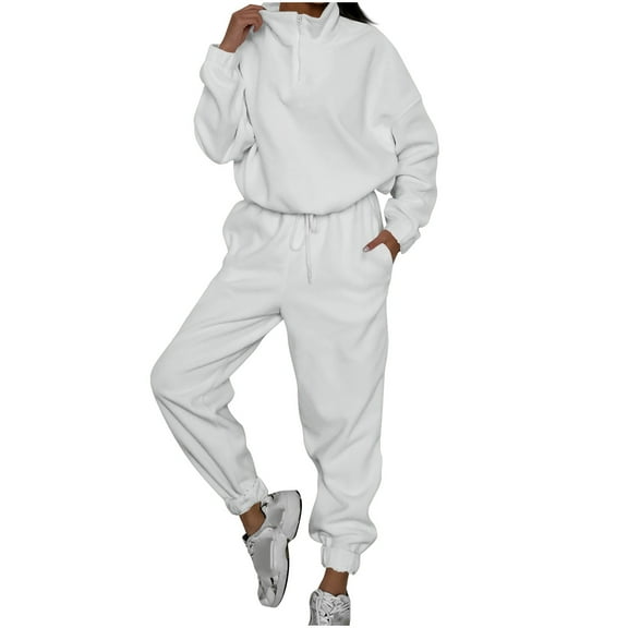 Women's Polar Fleece Sweatsuits Fall Winter Sports Casual 2 Piece Outfits 1/4 Zip Pullovers Joggers Pants Tracksuits (XL, White)