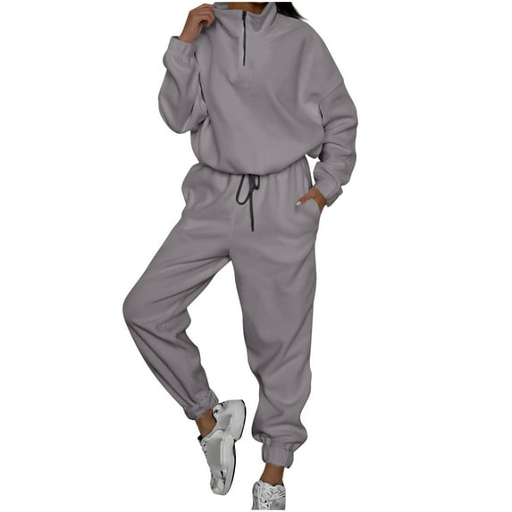 Women's Polar Fleece Sweatsuits Fall Winter Sports Casual Two Piece Outfits Quarter Zip Pullovers Joggers Pants Tracksuits (M, Gray)