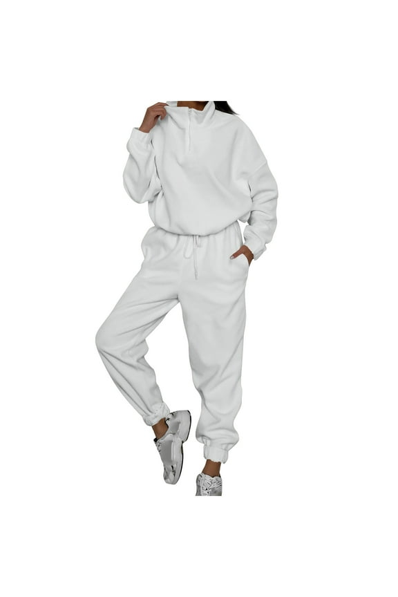 Women's Polar Fleece Sweatsuits Fall Winter Sports Casual Two Piece Outfits Quarter Zip Pullovers Joggers Pants Tracksuits (M, White)