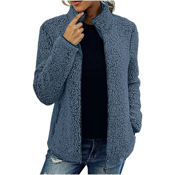 Women's Polar Soft Fleece Jacket Classic Fit Long Sleeve Full Zip Fleece Lined Sherpa Coat Fall Winter Stand Collar Recreation Coat with Pockets