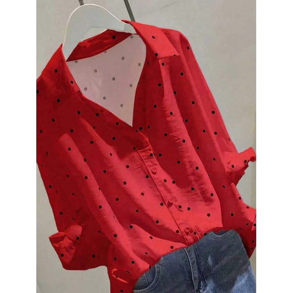 Women's Polka Dot 3/4 Sleeve Blouse - Collar, Button Front And Tie Cuff Top Vacation