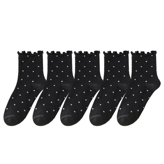 Women's Polka Dot Ankle Socks Set Soft Cotton Blend Ruffle Trim Cuff Multiple Color Combos 5 Pairs, 5 PK Black