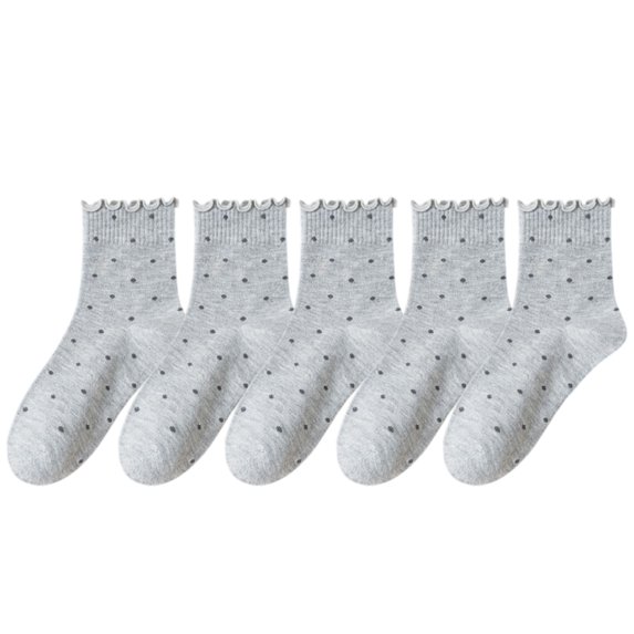 Women's Polka Dot Ankle Socks Set Soft Cotton Blend Ruffle Trim Cuff Multiple Color Combos 5 Pairs, 5 PK Gray