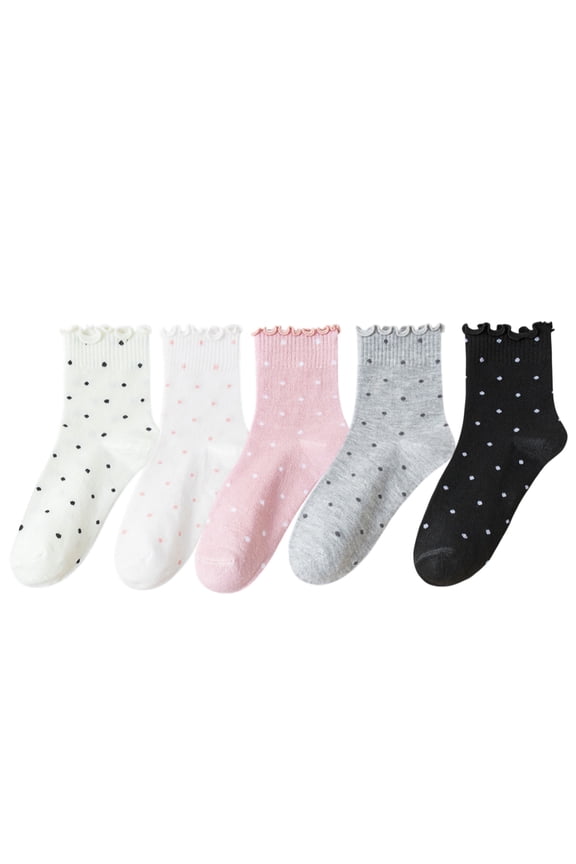 Women's Polka Dot Ankle Socks Set Soft Cotton Blend Ruffle Trim Cuff Multiple Color Combos 5 Pairs, 5 PK-MUL A