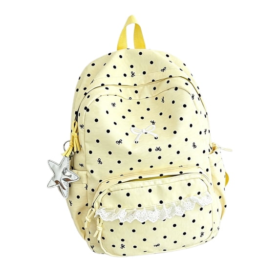 Women's Polka Dot Backpack Set 3 Piece, Yellow Nylon Laptop Bag with Lunch Box Pencil Case, Cute Lightweight School Bookbag for Teen Students, 15.6 Inch Waterproof Travel Daypack