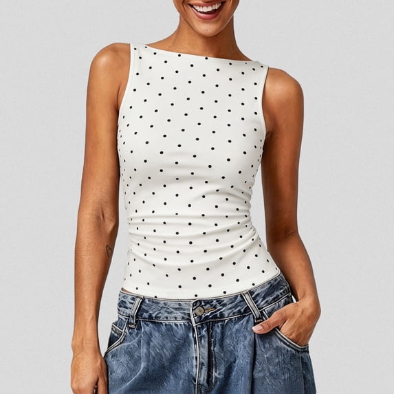 Women's Polka Dot Boat Neck Tank Top with Ruched Waist – Slim Fit Sleeveless Camisole for Summer Casual Wear, Music Festivals & Daily Outings – Stretchy Breathable Top (XS-XL)