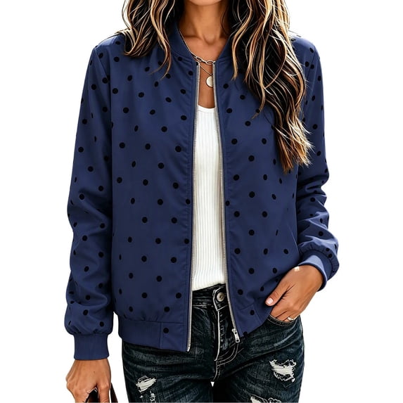Women's Polka Dot Bomber Jacket Long Sleeve Casual Bomber Outerwear Polka Dot Print Zip Closure Ribbed Cuffs Easy Layering Casual Outdoor Jacket