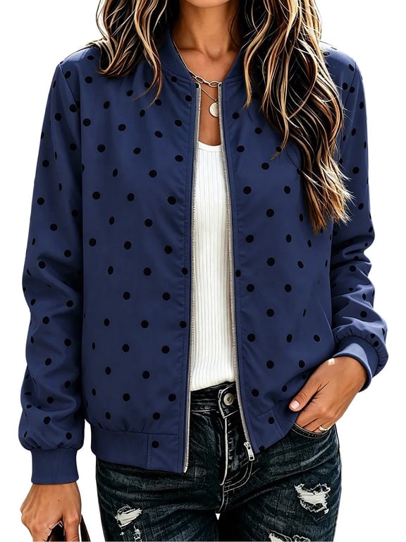 Women's Polka Dot Bomber Jacket Long Sleeve Casual Bomber Outerwear Polka Dot Print Zip Closure Ribbed Cuffs Easy Layering Fall Outfits