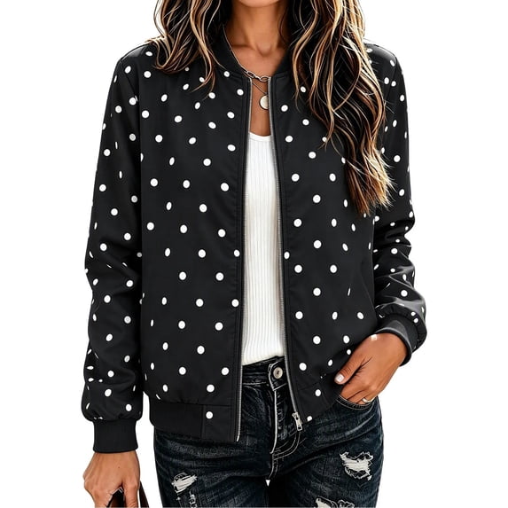 Women's Polka Dot Bomber Jacket Long Sleeve Casual Bomber Outerwear Polka Dot Print Zip Closure Ribbed Cuffs Easy Layering for Daily Wear