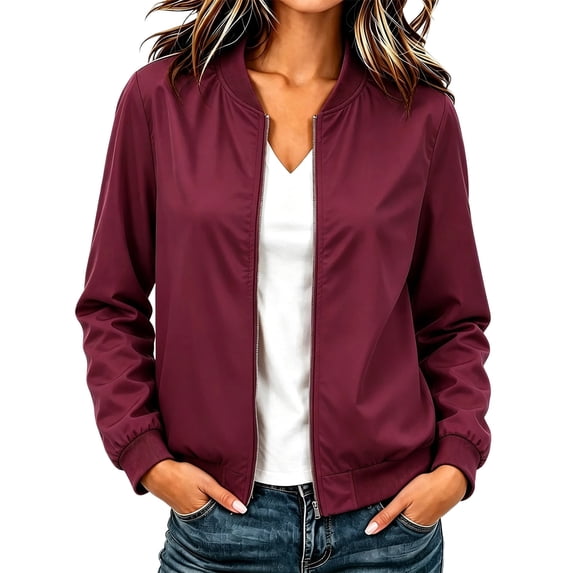 Women's Polka Dot Bomber Jacket Solid Color Zip Up Long Sleeve Windproof Jacket Loose Fit Lightweight Spring Coat for Daily Wear