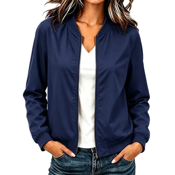 Women's Polka Dot Bomber Jacket Solid Color Zip Up Long Sleeve Windproof Jacket Loose Fit Lightweight Spring Coat for Daily Wear