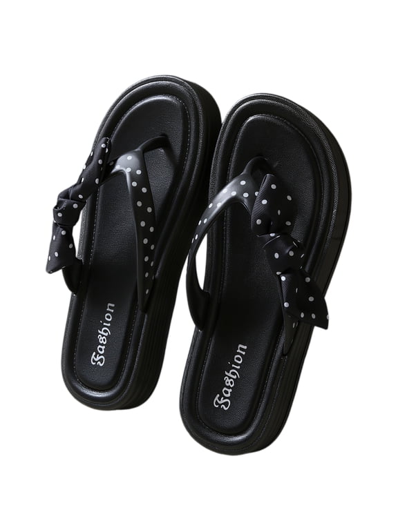 Women's Polka Dot Bow Flip Flops, Cute Thick Sole Cloud Slides, Non-Slip Summer Sandals, Black/White
