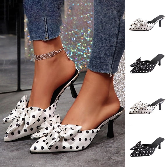 Women's Polka Dot Bow Mules, Pointed Toe Stiletto Heel Dress Shoes, Slip On Comfortable High Heel Sandals for Spring Summer Wear
