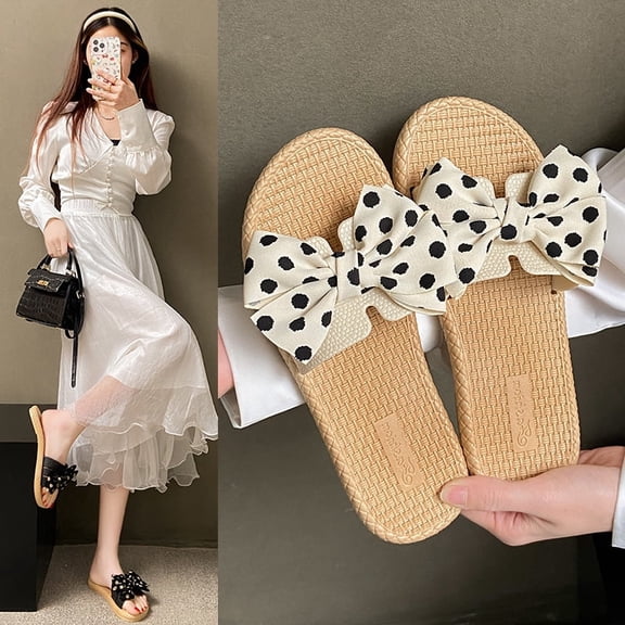 Women's Polka Dot Bow Woven Slides, Non-Slip Summer Sandals