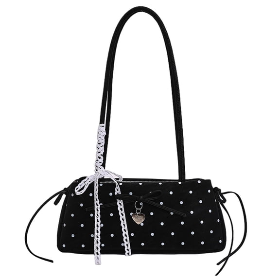 Women's Polka Dot Bowknot PU Shoulder Bag Solid Color Clutch Crossbody Purse with Love Pendant Detachable Long Strap Top Hand