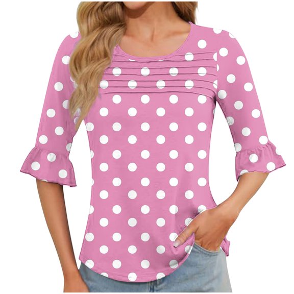 Women's Polka Dot Bubble Sleeve Tops Under $10 Casual Printed Short Sleeve Round Neck Blouse Fashionable And Comfortable Top