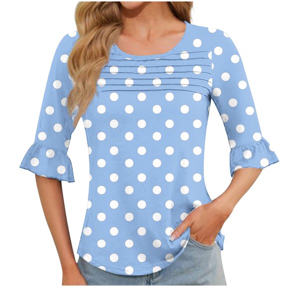 Women's Polka Dot Bubble Sleeve Tops Under $10 Casual Printed Short Sleeve Round Neck Blouse Fashionable And Comfortable Top