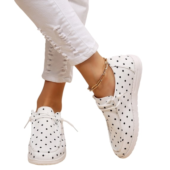 Women's Polka Dot Canvas Sneakers, Low-Top Lace-Up Casual Shoes, Breathable Comfortable Flat Footwear for Daily Walking