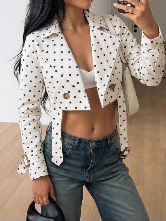 Women's Polka Dot Cropped Blazer Lapel Double Breasted Long Sleeve Jacket with Strap Details Chic French Style Daily Vacation Outfit