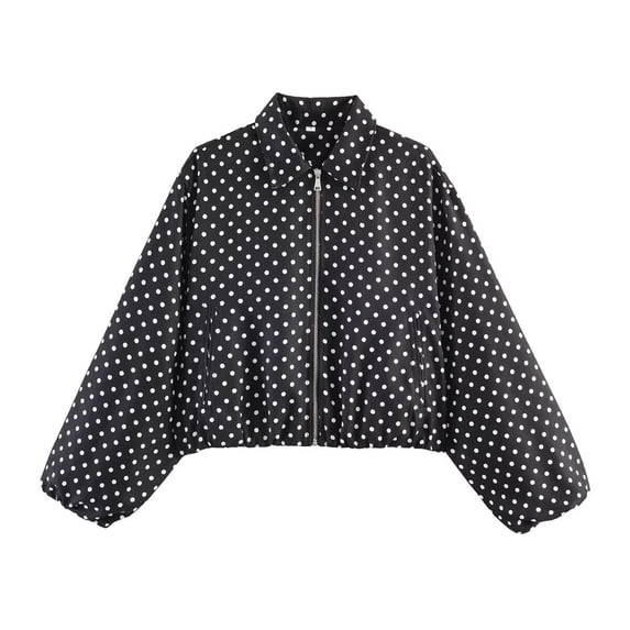 Women's Polka Dot Cropped Jacket Lightweight Zip Up Lapel Casual