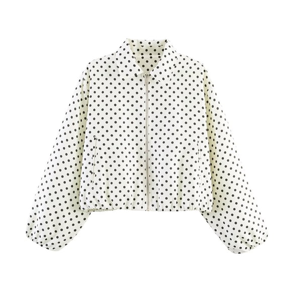 Women's Polka Dot Cropped Jacket Lightweight Zip Up Lapel Casual