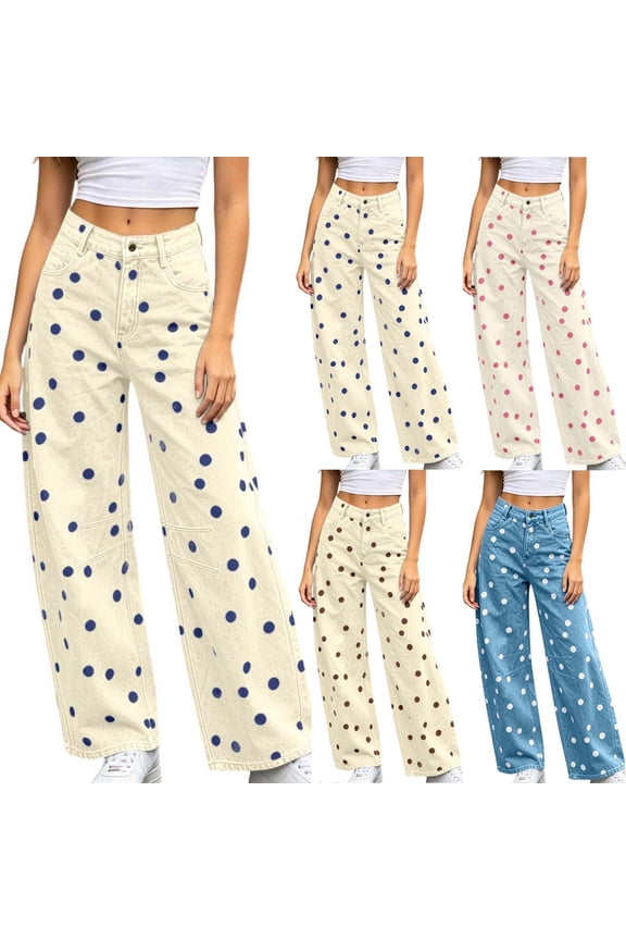 Women's Polka Dot Denim High Waist Barrel Jeans, Button Zipper Stretch Five Pocket Design, Vintage Wide Leg Casual Pants for Dating Shopping Summer | TruHer,Coffee XL