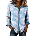 thumbnail image 1 of Women's Polka Dot Denim Patchwork Button Down Shirt Long Sleeve Lapel Blouse Loose Fit Casual Top, 1 of 4