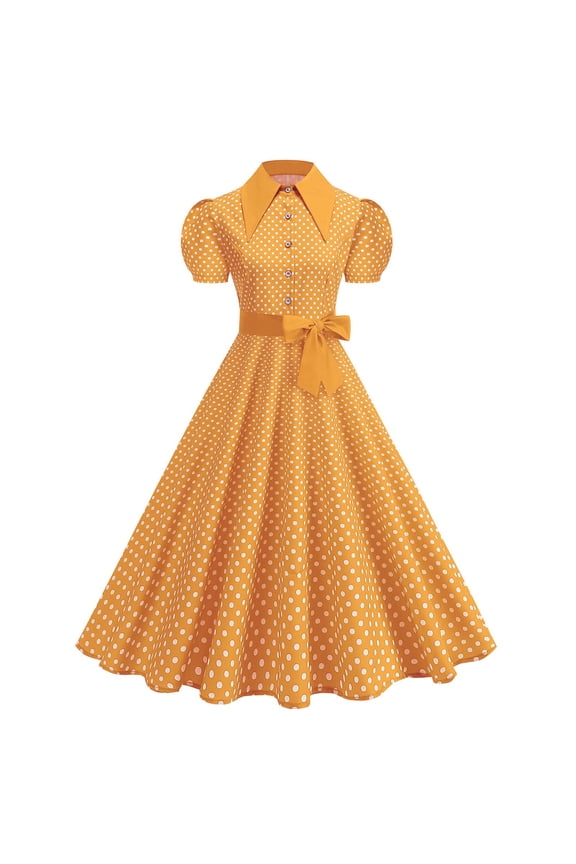 Women's Polka Dot Dress 1950s Vintage Rockabilly Party Dress Lapel Collar Short Sleeve Knee Length Swing Dress,Yellow,S