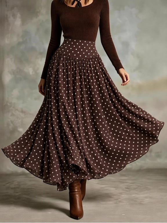 Women's Polka Dot Flared Midi Skirt, High Elastic Waist Gathered Long Skirt for Work, Office, Date Night, Everyday & Casual Wear