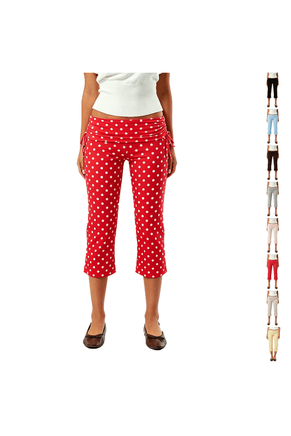 Women's Polka Dot Fold Over Waist Capri Pants Petite Low Rise Stretch Cropped Trousers with Side Drawstring Red XL