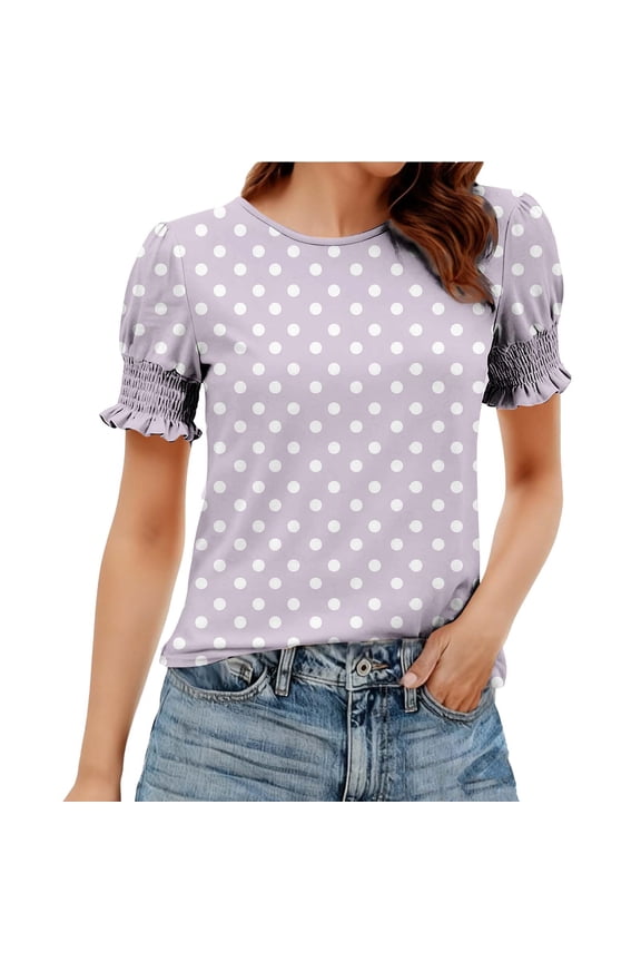 Women's Polka Dot Graphic Tops Casual Crew Neck Short Sleeve Tunic T Shirts Loose Fit Summer Fashion Pullover