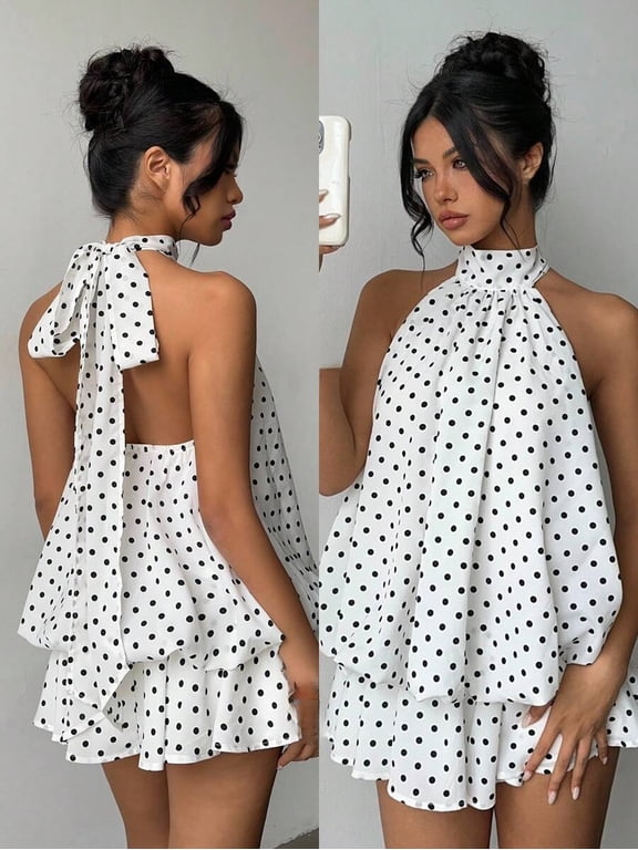 `Women's Polka Dot Halter Mini Dress, Backless Tie Back A-Line Flowy One Piece Skort Dress for Party`