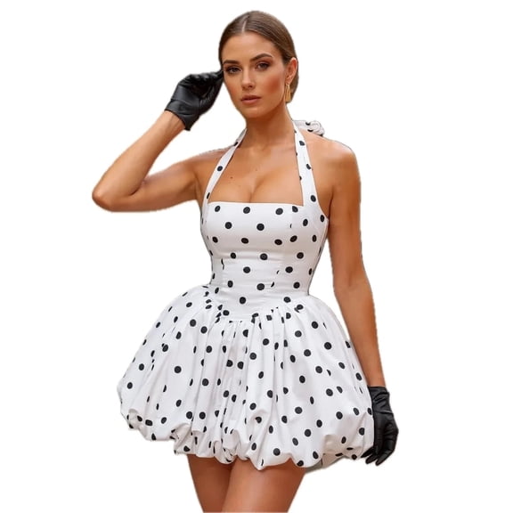 Women's Polka Dot Halter Neck Mini Dress with Stretch 97% polyester 3% spandex Lightweight Summer Dress for Vacation