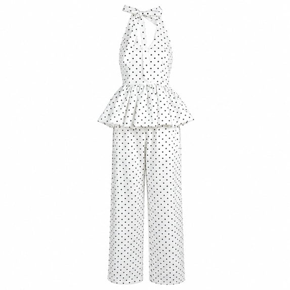 Women’s Polka Dot Halter Peplum Top and Wide Leg Pants 2 Piece Outfit
