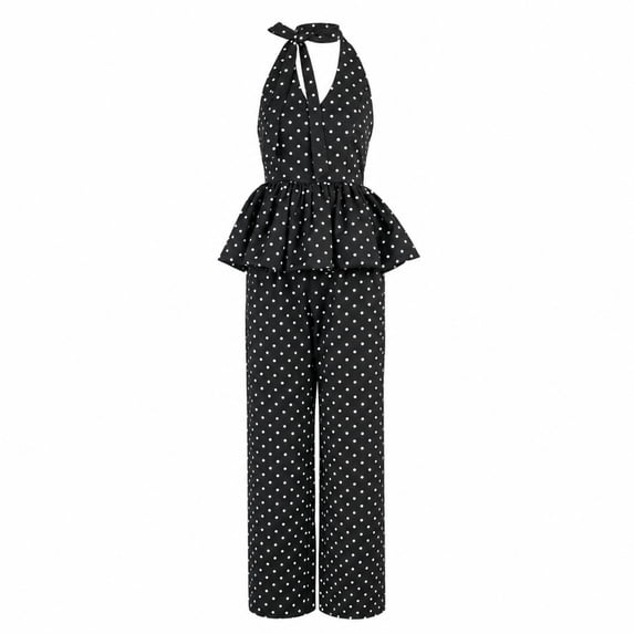 Women’s Polka Dot Halter Peplum Top and Wide Leg Pants 2 Piece Outfit