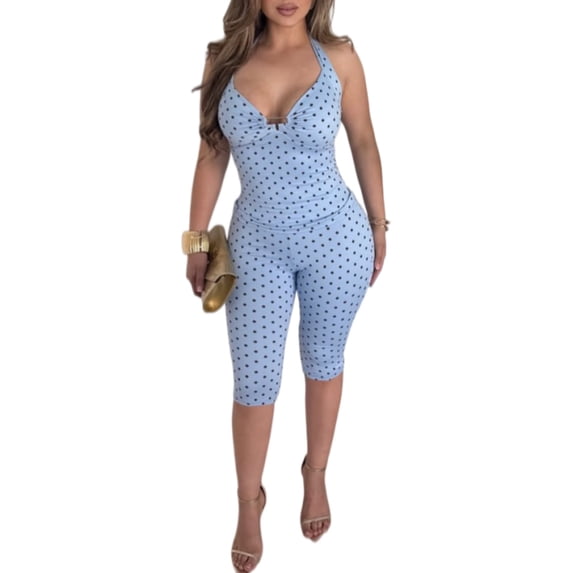 Women’s Polka Dot Halter Top and Capri Pants Set, Sleeveless V Neck Matching Outfit