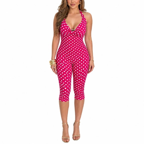 Women’s Polka Dot Halter Top and Capri Pants Set, Sleeveless V Neck Matching Outfit