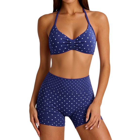 Women's Polka Dot Halter Workout Set, Backless Yoga Tank Top with High Waist Biker Shorts, 2 Piece Soft Lightweight Breathable SlimFit Gym Outfit for Women Activewear Daily Wear