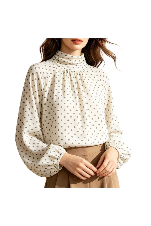 Women's Polka Dot High Neck Long Sleeve Blouse with Puff Lantern Sleeves, Elegant Pullover Shirt, Vintage Chic Office Top for Work and Formal Occasions