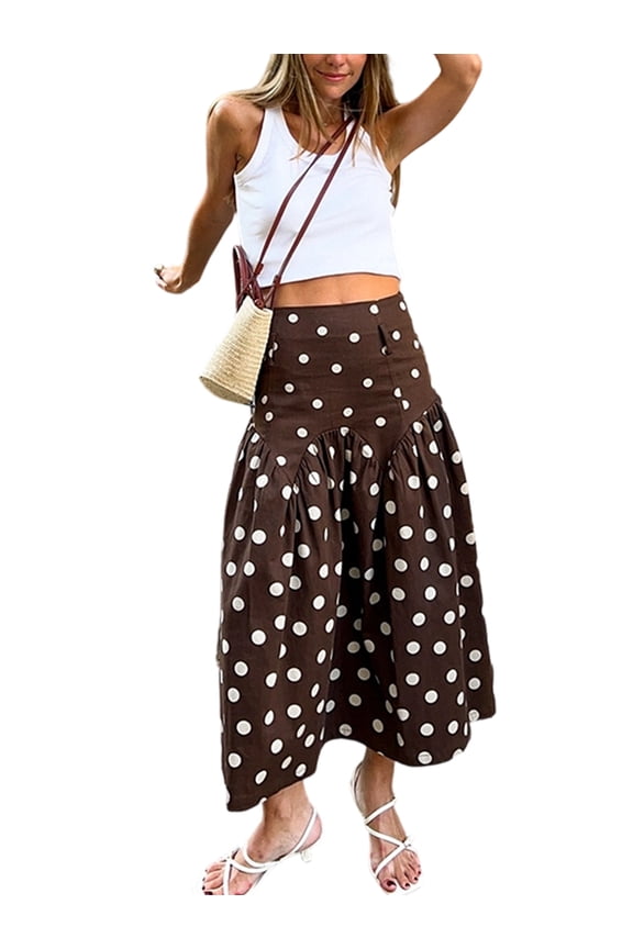 Women's Polka Dot High Waist Light-Weight Gathered Hem Casual Flowy A Line Midi Skirt Brown M