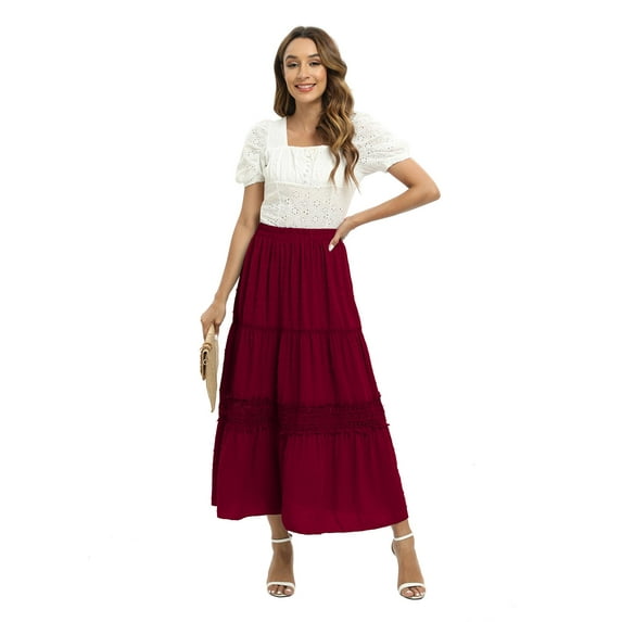 Women's Polka Dot Hollow Out Long Skirt Lace Stitching Pleated Loose High Waist Dress