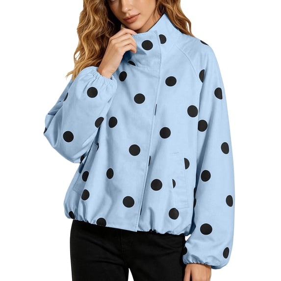 Women’s Polka Dot Jacket Long Sleeve Stand Collar Bomber Jackets (Blue XS)