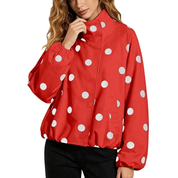 Women’s Polka Dot Jacket Long Sleeve Stand Collar Bomber Jackets (RD1 S)