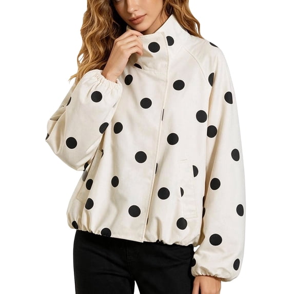 Women’s Polka Dot Jacket Long Sleeve Stand Collar Bomber Jackets (White XS)